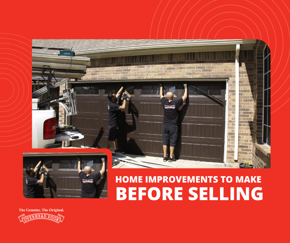 Two men repairing a brown garage door